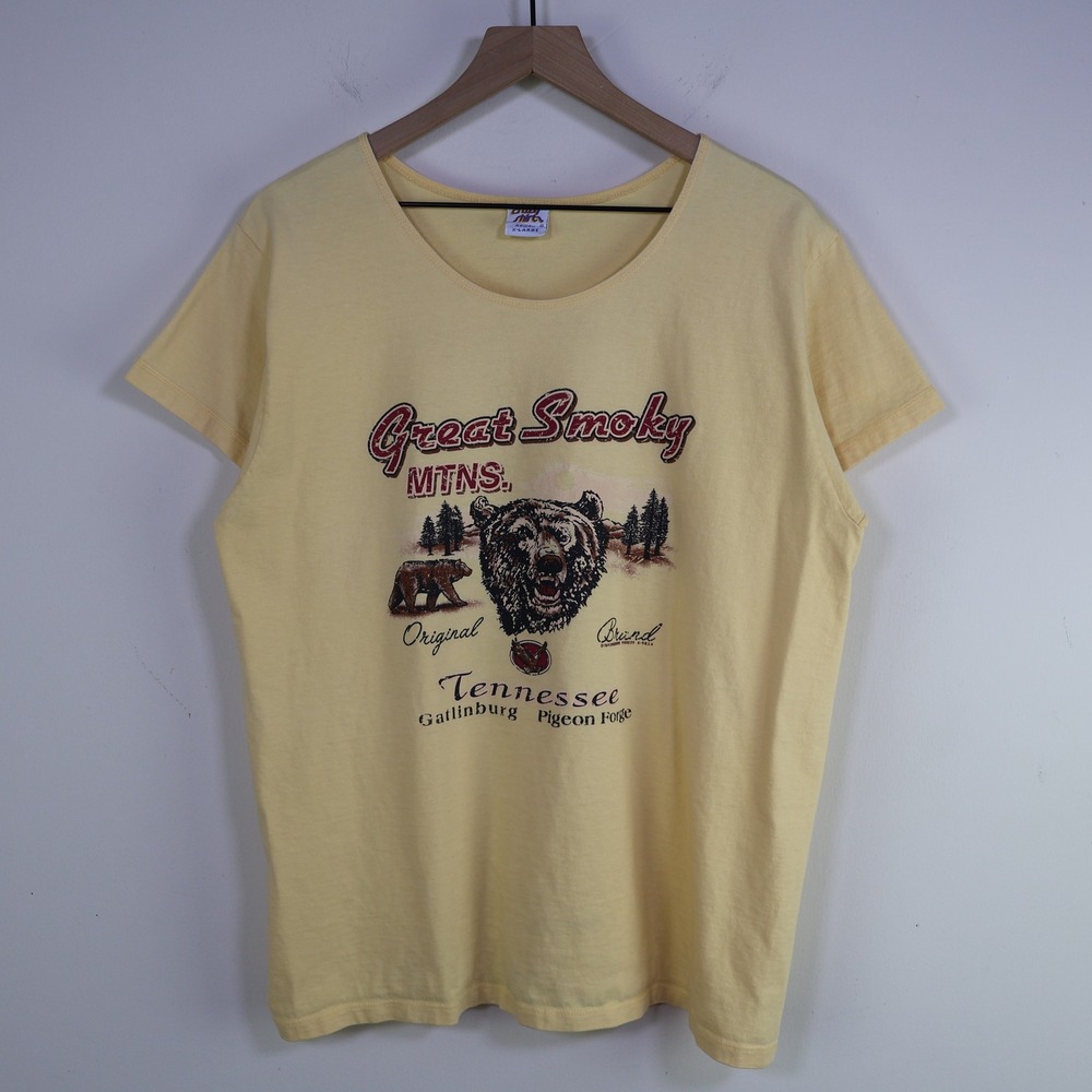 Vintage Great Smoky Mountains Bear T-Shirt XL Crazy Shirt Nature Yellow Cotton